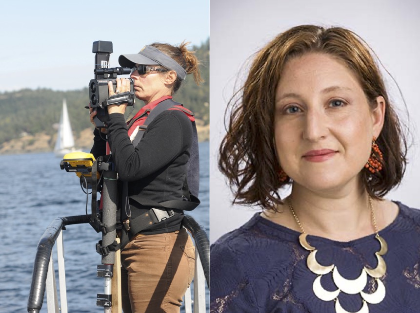 A woman scientist looking through a camera on a boat and a separate image of a headshot of a woman with shoulder length brown hair and a gold necklace