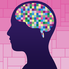 graphic of a silhouette with a multicolored pixellated brain, against a backdrop of pink rectangles