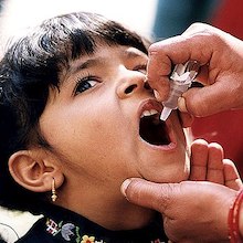 photo of a child receiving a drop of oral polio vaccine from an adult gently holding the child's chin