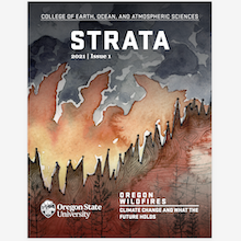 a screenshot of the cover of Strata Magazine, featuring a watercolor illustration of a forest fire