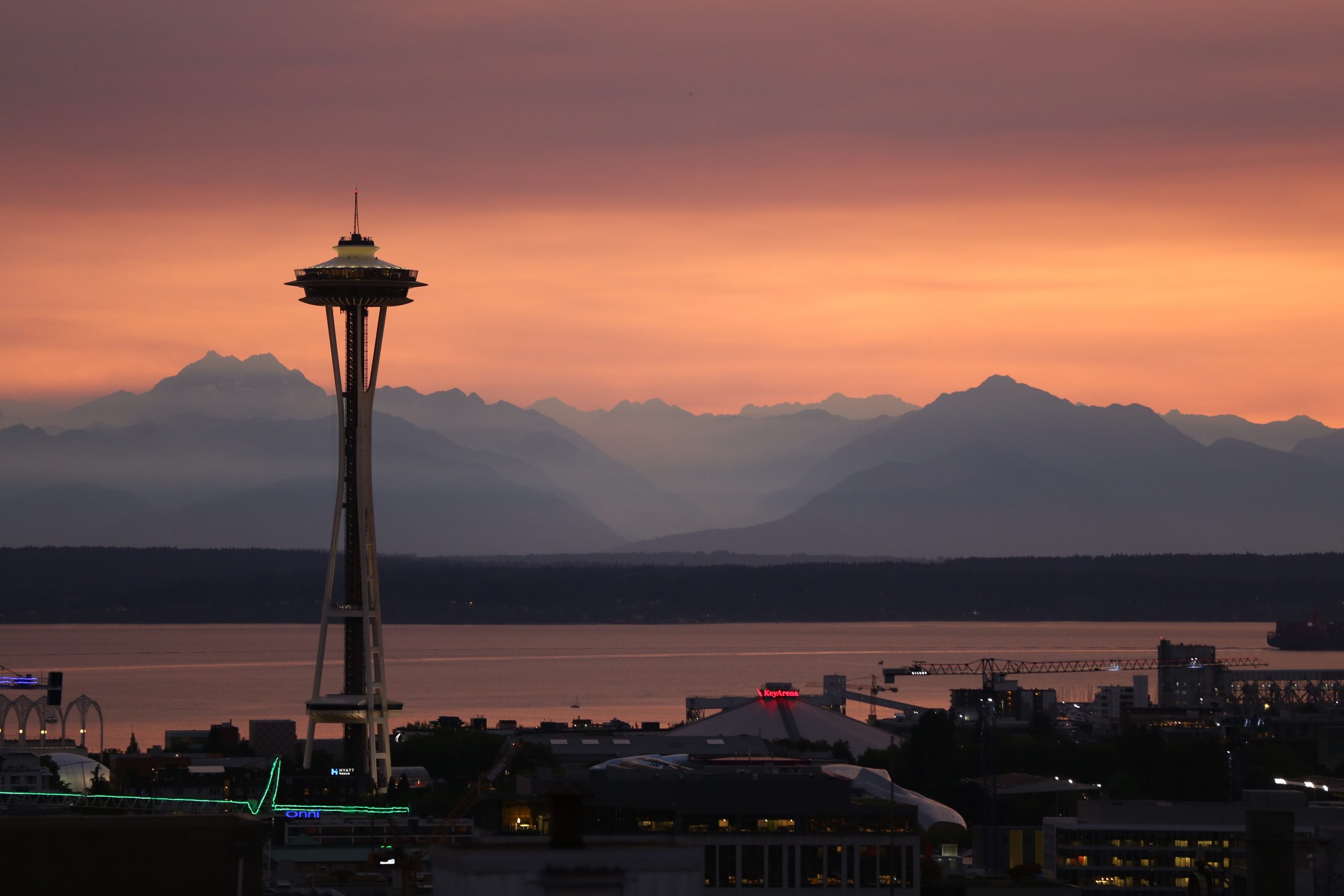 Sunset over the Olympic Mountains, Elliot Bay, and Space Needle