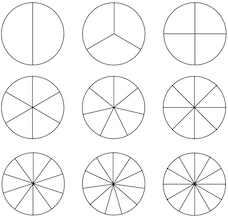 9 circles divided into even fractions