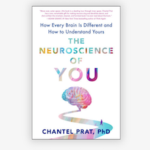 photo of book cover: The Neuroscience of You by Chantel Prat, Ph.D., with an image of a rainbow-colored brain with a person walking along a rainbow path leading to it