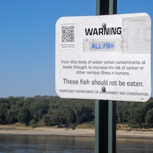 photo of sign in front of river that warns of dangerous levels of pollution that make all fish inedible