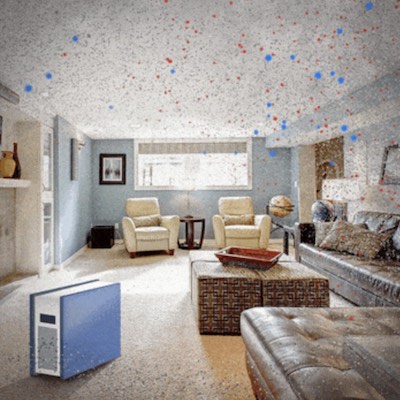 inside a living room with a freestanding air filter and red and blue dots in the air