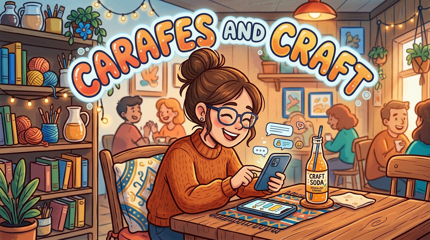 Woman sitting at a cafe typing messages into her phone. Banner overhead reads Carafes and Craft